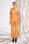 Buy_The Dramebaaz Co_Beige Chanderi Leather Framed Rose V Embroidered Shirt And Trouser Set _Online_at_Aza_Fashions