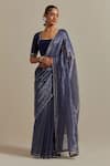 Buy_Vinusto_Blue Handwoven Chanderi With Zari Stripes Embroidered Pearl Lace Saree Blouse _at_Aza_Fashions