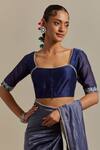 Buy_Vinusto_Blue Handwoven Chanderi With Zari Stripes Embroidered Pearl Lace Saree Blouse 