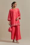 Buy_Vinusto_Pink Handwoven Chanderi Embroidery Lace Round Zari Short Kurta With Palazzo _at_Aza_Fashions