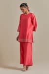 Vinusto_Pink Handwoven Chanderi Embroidery Lace Round Zari Short Kurta With Palazzo _Online_at_Aza_Fashions