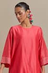 Shop_Vinusto_Pink Handwoven Chanderi Embroidery Lace Round Zari Short Kurta With Palazzo _Online_at_Aza_Fashions