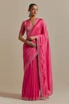 Buy_Vinusto_Pink Handwoven Chanderi Embroidered Lace V-neck Saree With Zari Striped Blouse _at_Aza_Fashions