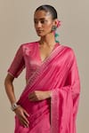 Vinusto_Pink Handwoven Chanderi Embroidered Lace V-neck Saree With Zari Striped Blouse _Online_at_Aza_Fashions