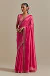 Shop_Vinusto_Pink Handwoven Chanderi Embroidered Lace V-neck Saree With Zari Striped Blouse _Online_at_Aza_Fashions