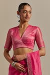 Vinusto_Pink Handwoven Chanderi Embroidered Lace V-neck Saree With Zari Striped Blouse _at_Aza_Fashions