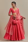 Buy_Vinusto_Pink Handwoven Chanderi Embroidered Thread Leaf Gathered Lehenga And Blouse Set _at_Aza_Fashions