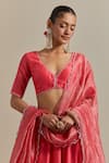 Vinusto_Pink Handwoven Chanderi Embroidered Thread Leaf Gathered Lehenga And Blouse Set _at_Aza_Fashions