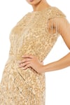 Mac Duggal_Gold Polyester Cutdana, Sequin Round Embellished Fringe Cap Sleeve Trumpet Gown _Online_at_Aza_Fashions