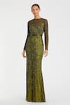 Buy_Mac Duggal_Green Polyester Sequins, Cut Work Round Neck Olive Cutdana Gown _at_Aza_Fashions