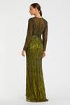 Shop_Mac Duggal_Green Polyester Sequins, Cut Work Round Neck Olive Cutdana Gown _at_Aza_Fashions