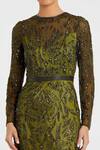 Mac Duggal_Green Polyester Sequins, Cut Work Round Neck Olive Cutdana Gown _Online_at_Aza_Fashions