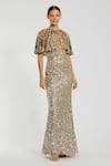 Buy_Mac Duggal_Gold Polyester Sequins, Cut Work Round Neck Embellished Gown With Cape _at_Aza_Fashions
