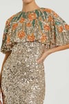 Mac Duggal_Gold Polyester Sequins, Cut Work Round Neck Embellished Gown With Cape _Online_at_Aza_Fashions