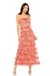 Buy_Mac Duggal_Orange Polyester Ruffles Off-shoulder Floral Tiered Off Dress _at_Aza_Fashions