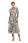 Buy_Mac Duggal_Blue Polyester Ruffles Round Neck Florence Print Midi Dress _at_Aza_Fashions