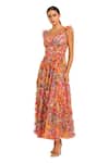 Buy_Mac Duggal_Multi Color Polyester Blossom Garden V Neck Bloom Print Ruffled Midi Dress _at_Aza_Fashions