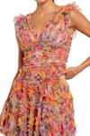 Mac Duggal_Multi Color Polyester Blossom Garden V Neck Bloom Print Ruffled Midi Dress _Online_at_Aza_Fashions