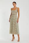Buy_Mac Duggal_Beige Polyester Beads, Sequins Scoop Neck Floral Hand Embroidered Midi Dress _at_Aza_Fashions