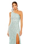 Mac Duggal_Blue Polyester Sequins Asymmetric Hand Embroidered Gown _Online_at_Aza_Fashions
