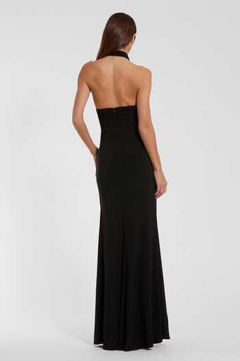 Shop_Mac Duggal_Black Polyester 3d Flower Halter Embroidered Front Gown _at_Aza_Fashions
