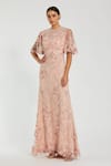 Buy_Mac Duggal_Rose Gold Polyester Floral Round Hand Embroidered Scallop Hem Gown _at_Aza_Fashions