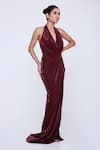 Buy_Antithesis India_Brown Shimmer Lycra Cowl Neck Bordeaux Dress _Online_at_Aza_Fashions