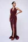Buy_Antithesis India_Brown Shimmer Lycra Cowl Neck Bordeaux Dress _at_Aza_Fashions