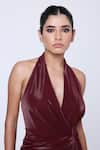 Antithesis India_Brown Shimmer Lycra Cowl Neck Bordeaux Dress _at_Aza_Fashions
