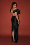 Shop_Antithesis India_Black Lining Santoon, Italian Twill Off Shoulder Lyla Slit Dress _at_Aza_Fashions