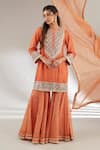 Ajiesh Oberoi_Orange Mulmul, Opada Silk, Lurex Organza Floral Embroidered Kurta Gharara Set _Online_at_Aza_Fashions