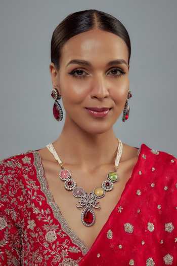 Buy_Vivinia By Vidhi Mehra_Silver Plated Zircon Embellished Necklace Set _at_Aza_Fashions