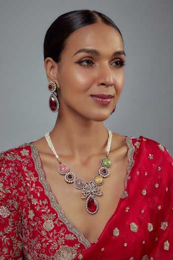 Shop_Vivinia By Vidhi Mehra_Silver Plated Zircon Embellished Necklace Set _Online_at_Aza_Fashions