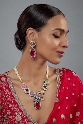 Vivinia By Vidhi Mehra_Silver Plated Zircon Embellished Necklace Set _at_Aza_Fashions