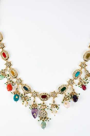 Vivinia By Vidhi Mehra_Gold Plated Kundan, Gemstone Saadgi Embellished Necklace Set _Online_at_Aza_Fashions