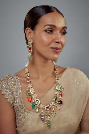 Shop_Vivinia By Vidhi Mehra_Gold Plated Kundan, Gemstone Saadgi Embellished Necklace Set _Online_at_Aza_Fashions