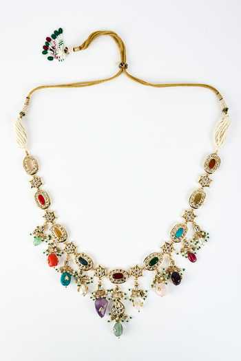 Shop_Vivinia By Vidhi Mehra_Gold Plated Kundan, Gemstone Saadgi Embellished Necklace Set _at_Aza_Fashions