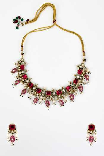 Shop_Vivinia By Vidhi Mehra_Gold Plated Pearls, Stones Kundan And Embellished Choker Set _at_Aza_Fashions