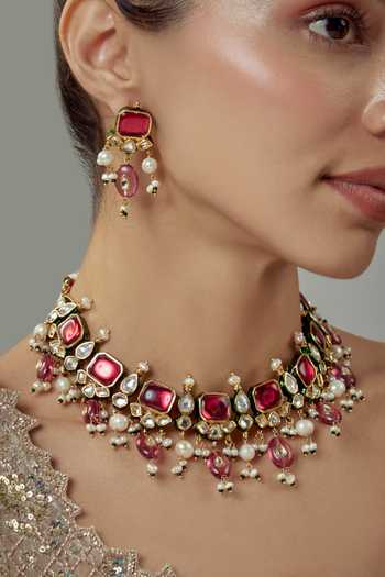 Shop_Vivinia By Vidhi Mehra_Gold Plated Pearls, Stones Kundan And Embellished Choker Set _Online_at_Aza_Fashions