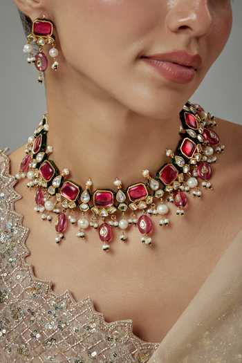 Vivinia By Vidhi Mehra_Gold Plated Pearls, Stones Kundan And Embellished Choker Set _at_Aza_Fashions