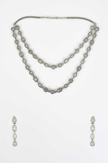 Shop_Vivinia By Vidhi Mehra_Silver Plated Crystals, Diamonds Cubic Zirconia Layered Necklace Set _at_Aza_Fashions