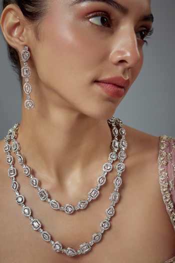 Buy_Vivinia By Vidhi Mehra_Silver Plated Crystals, Diamonds Cubic Zirconia Layered Necklace Set _Online_at_Aza_Fashions