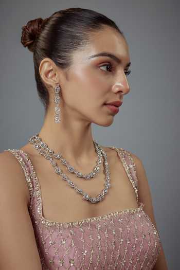 Shop_Vivinia By Vidhi Mehra_Silver Plated Crystals, Diamonds Cubic Zirconia Layered Necklace Set _Online_at_Aza_Fashions