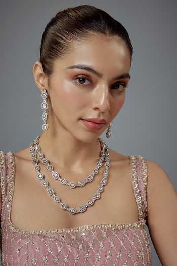 Buy_Vivinia By Vidhi Mehra_Silver Plated Crystals, Diamonds Cubic Zirconia Layered Necklace Set _at_Aza_Fashions