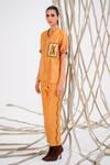 Buy_The Dramebaaz Co_Beige Chanderi Leather Framed Rose V Embroidered Shirt And Trouser Set _at_Aza_Fashions