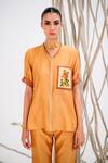 Buy_The Dramebaaz Co_Beige Chanderi Leather Framed Rose V Embroidered Shirt And Trouser Set 