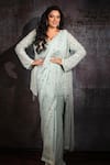 Buy_Archana Kochhar_Green Georgette Pastel Sequin Embellished Pre-draped Saree Jacket Set _Online_at_Aza_Fashions