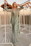 Buy_Archana Kochhar_Green Georgette Pastel Sequin Embellished Pre-draped Saree Jacket Set 