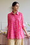 Juanita By Shubhda_Pink Chanderi Collared Balloon Sleeve Florette Print Shirt _Online_at_Aza_Fashions