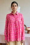 Buy_Juanita By Shubhda_Pink Chanderi Collared Balloon Sleeve Florette Print Shirt _at_Aza_Fashions